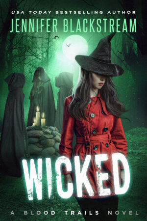 Cover art of Wicked, Blood Trails #14. Features Shade standing in the foreground with a trio of menacing witches surrounding a stone well behind her.