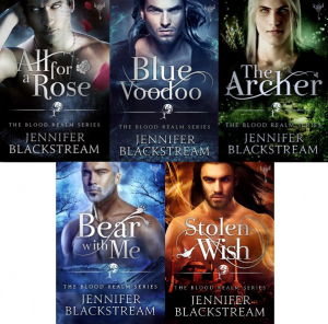 Cover art of books one through five in the Blood Realm series arranged three over two. Includes All for a Rose, Blue Voodoo, The Archer, Bear With Me, and Stolen Wish.