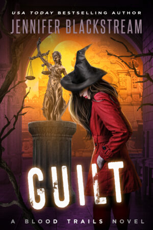 Cover art of Guilt, Blood Trails #15. Features Shade standing in the foreground with an ominous statue of Lady Justice.