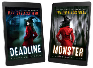 An image of the first two books in the Blood Trails series, Deadline and Monster, on ereaders.