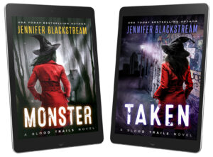 Monster, Blood Trails #2, and Taken, Blood Trails #3, pictured on ereaders