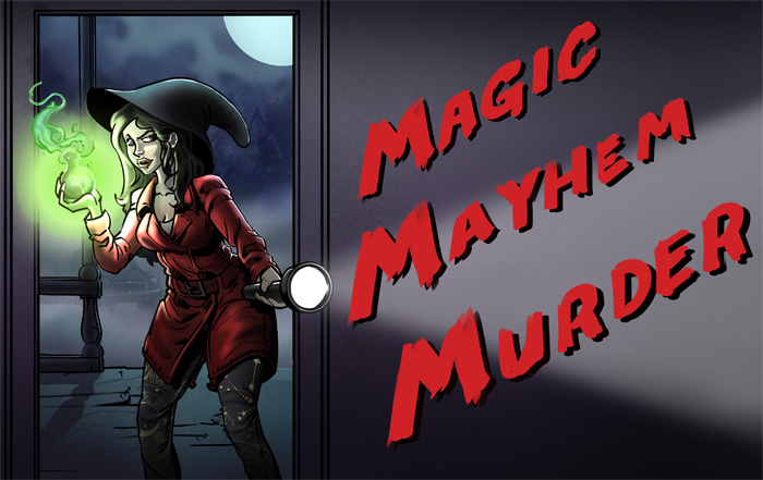 Fantastic art by Dylan Houston featuring a comic-book style Shade holding a glowing potion bottle and shining a flashlight on the words Magic, Mayhem, Murder.