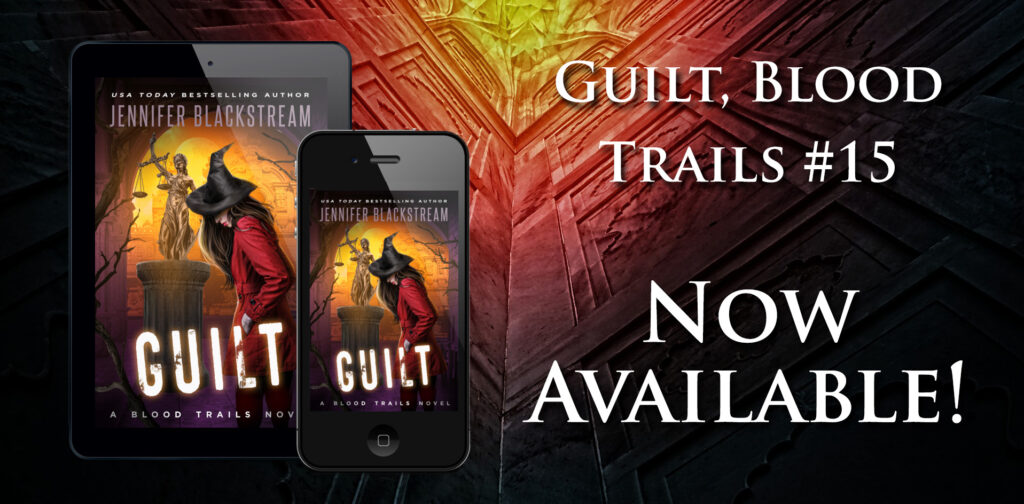 Cover art of Guilt, Blood Trails #15 next to the words "Now Available."
