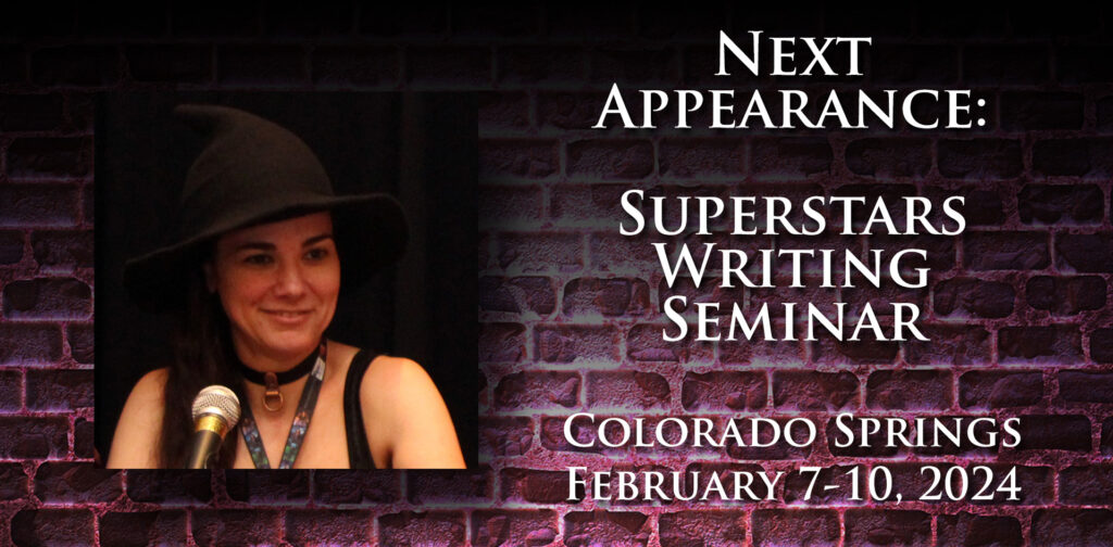 Picture of Jennifer Blackstream and announcement that her next appearance will be at Superstars writing seminar in Colorado Springs Feb 7-10, 2024