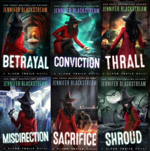 Cover art for books 7-12 in the Blood Trails series including Betrayal, Conviction, Thrall, Misdirection, Sacrifice, and Shroud.