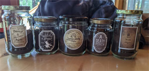 A row of jars with witchy labels on them reading witchy potion, hell broth, mana potion, and major healing potion.