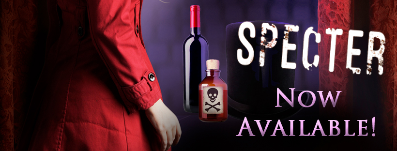 Image of the tagline "Abra...cadaver" over the announcement that Specter, Blood Trails #18 is now available!