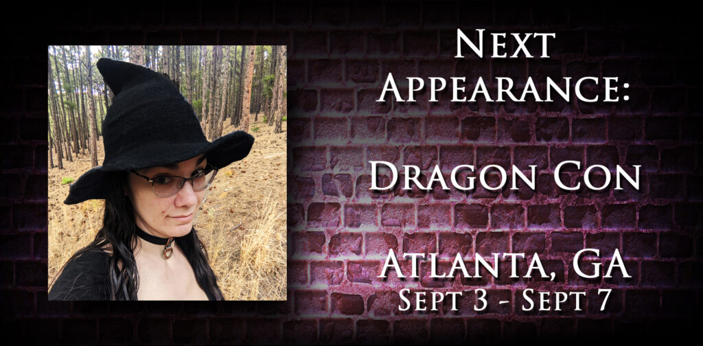 A picture of Jennifer Blackstream making a weird face in the forest next to an announcement that her next appearance will be at Dragon Con in Atlanta, GA from Sept 3-7